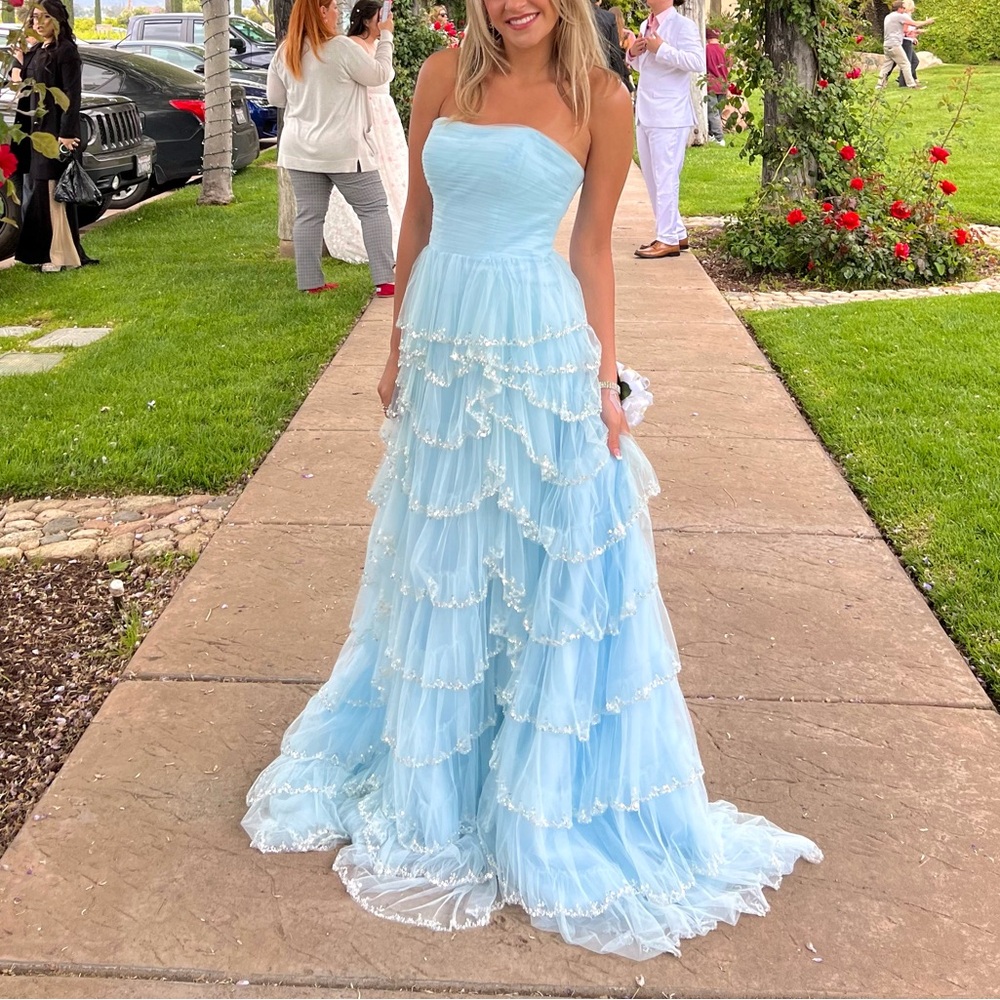 baby blue tiered strapless prom dress